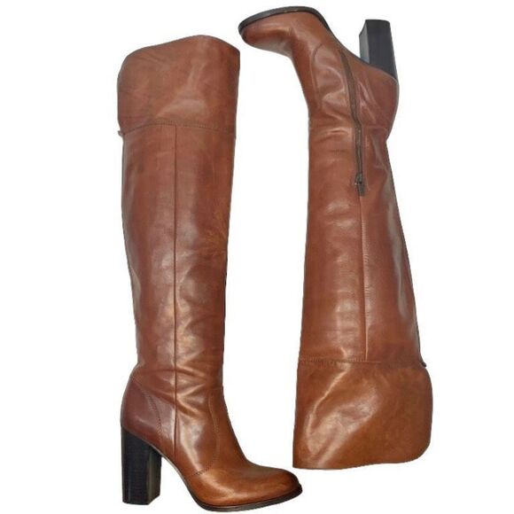 Frye Claude Over The Knee Tall Chunky High Heeled Boot 8.5 Brown Leather OTK - Picture 7 of 9